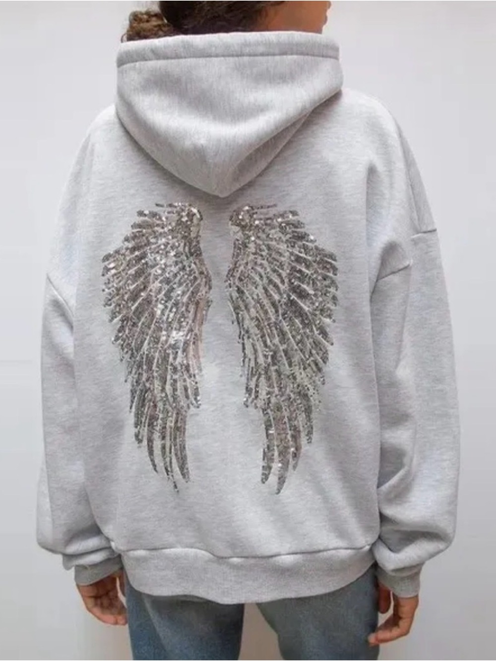Sequin Sparkly Angel Wing Hoodie Sweater - Light Gray